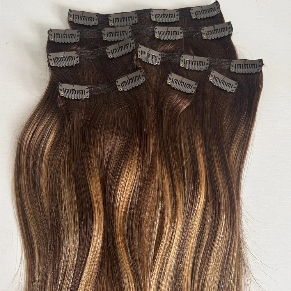 16” Brown Blonde Highlight Clip-In Hair Extensions - 100% human Hair 7 pcs - Picture 6 of 7